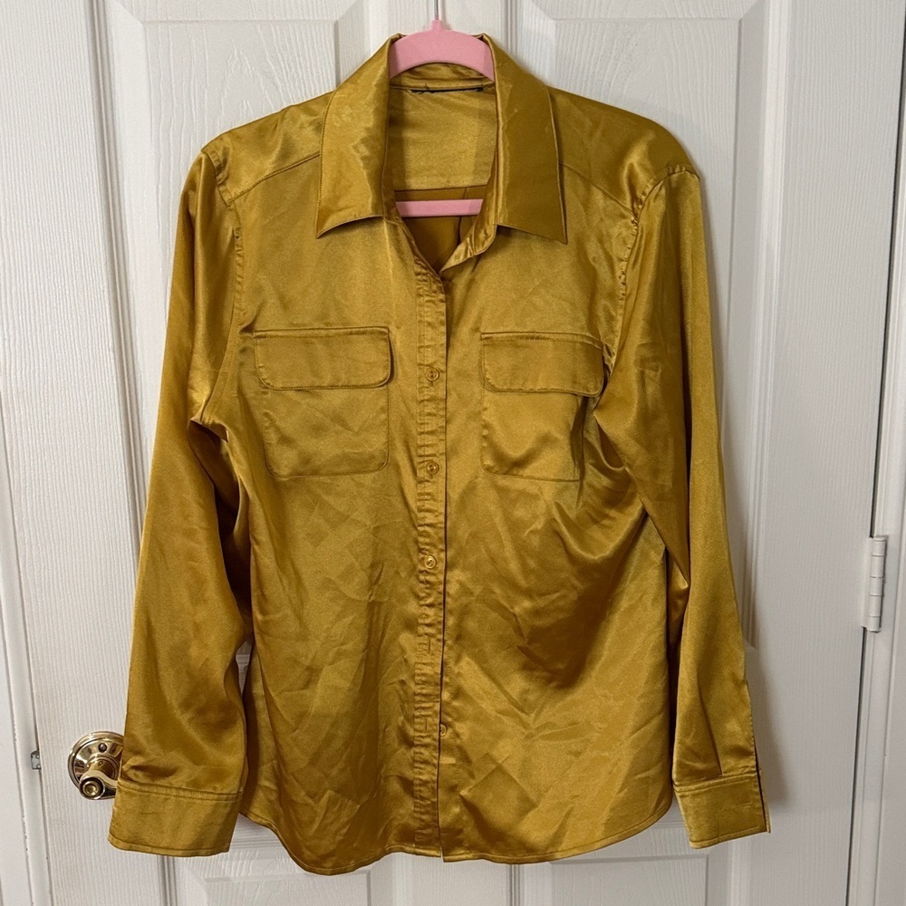 Long sleeve button up mustard Gold Satin Shirt large